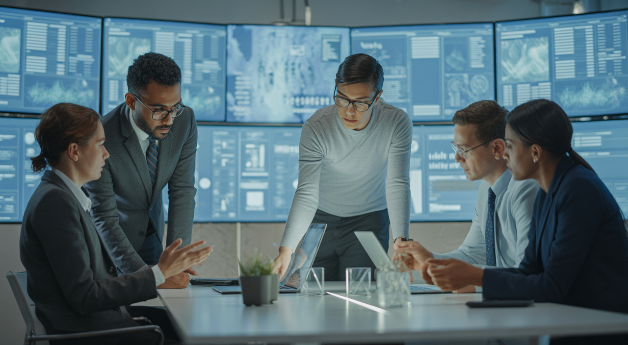 A team of professionals collaborating on digital screens in a modern office, symbolizing e-commerce web design and strategic growth.