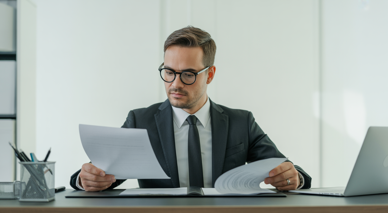 Professional business person reviewing SaaS legal agreements in modern office setting