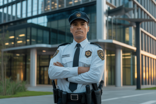 Security guard standing watch in front of a modern office building in Sacramento