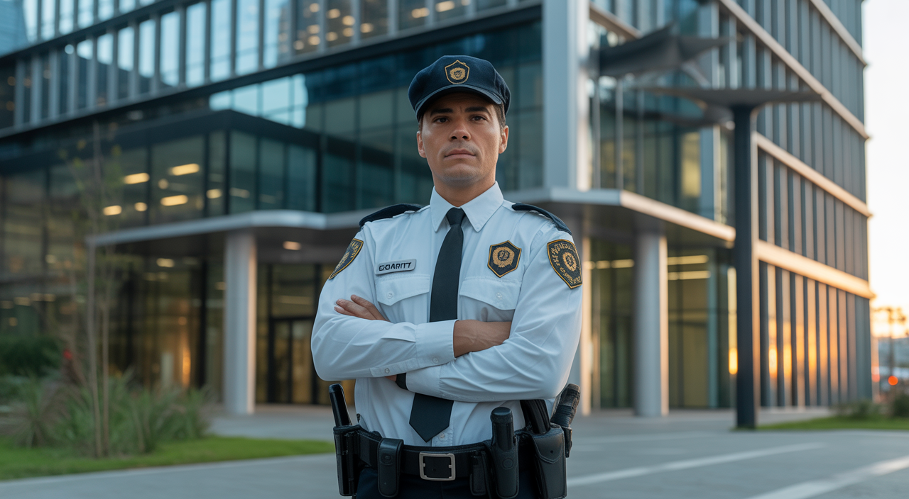 Security guard standing watch in front of a modern office building in Sacramento