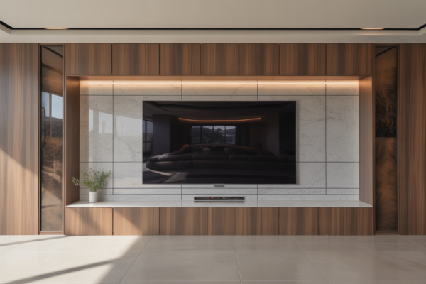 A wide shot of a modern luxury media wall in a stylish living room with an integrated TV and premium finishes.