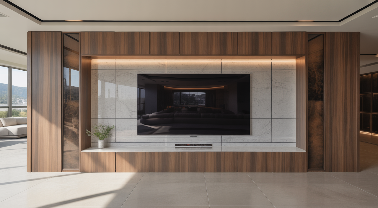 A wide shot of a modern luxury media wall in a stylish living room with an integrated TV and premium finishes.