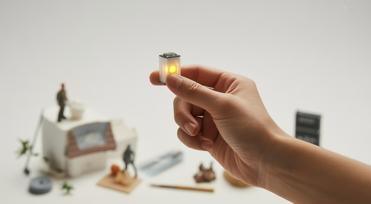 Close-up of a hand holding a small, glowing battery-operated LED light, representing bright ideas and creative projects.