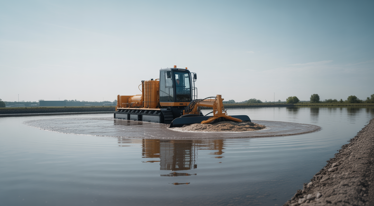 A modern wastewater dredge efficiently removing sludge from a large treatment lagoon, showcasing advanced water treatment technology.
