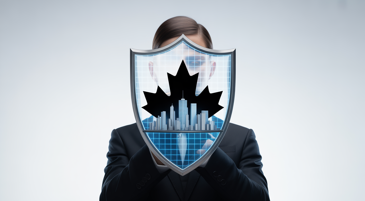 Digital shield protecting a Canadian business skyline, symbolizing cybersecurity for Canadian companies
