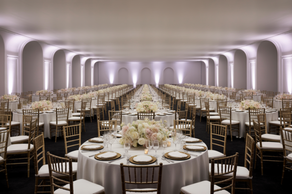 Luxurious gala event setup in a grand ballroom, featuring elegant tables, Chiavari chairs, ambient lighting, and refined decor, suitable for a high-profile Washington DC event.