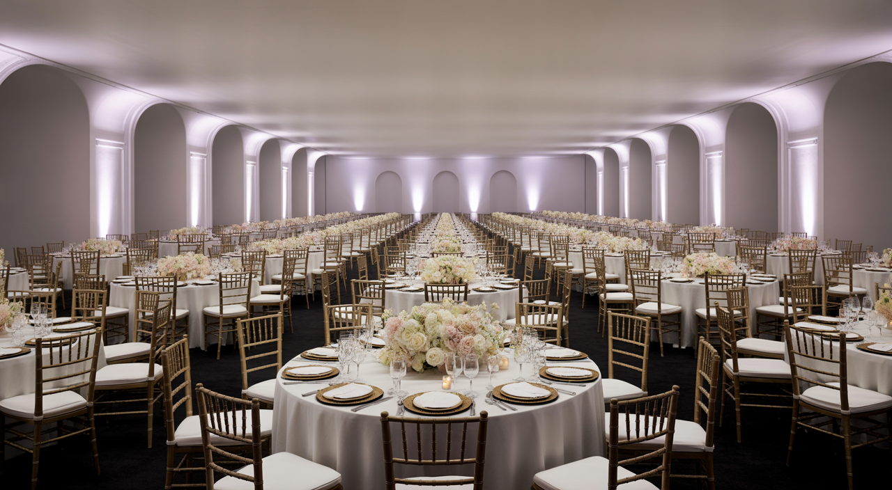 Luxurious gala event setup in a grand ballroom, featuring elegant tables, Chiavari chairs, ambient lighting, and refined decor, suitable for a high-profile Washington DC event.