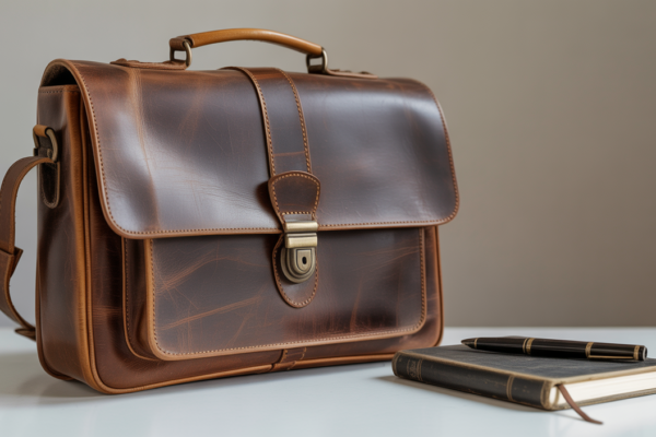 Vintage brown leather messenger bag on a white desk with a pen and notebook, showcasing timeless style.