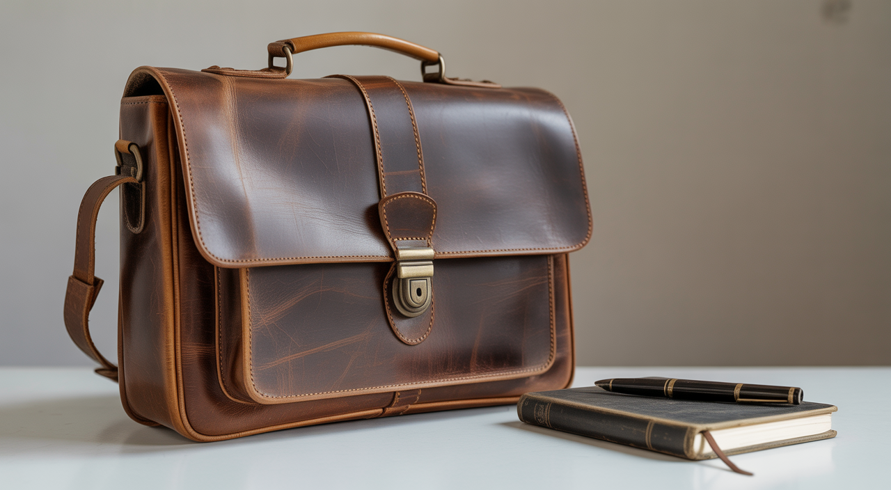 Vintage brown leather messenger bag on a white desk with a pen and notebook, showcasing timeless style.
