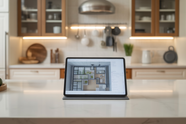 Modern kitchen design with a digital tablet displaying 3D rendering, representing kitchen renovation planning.