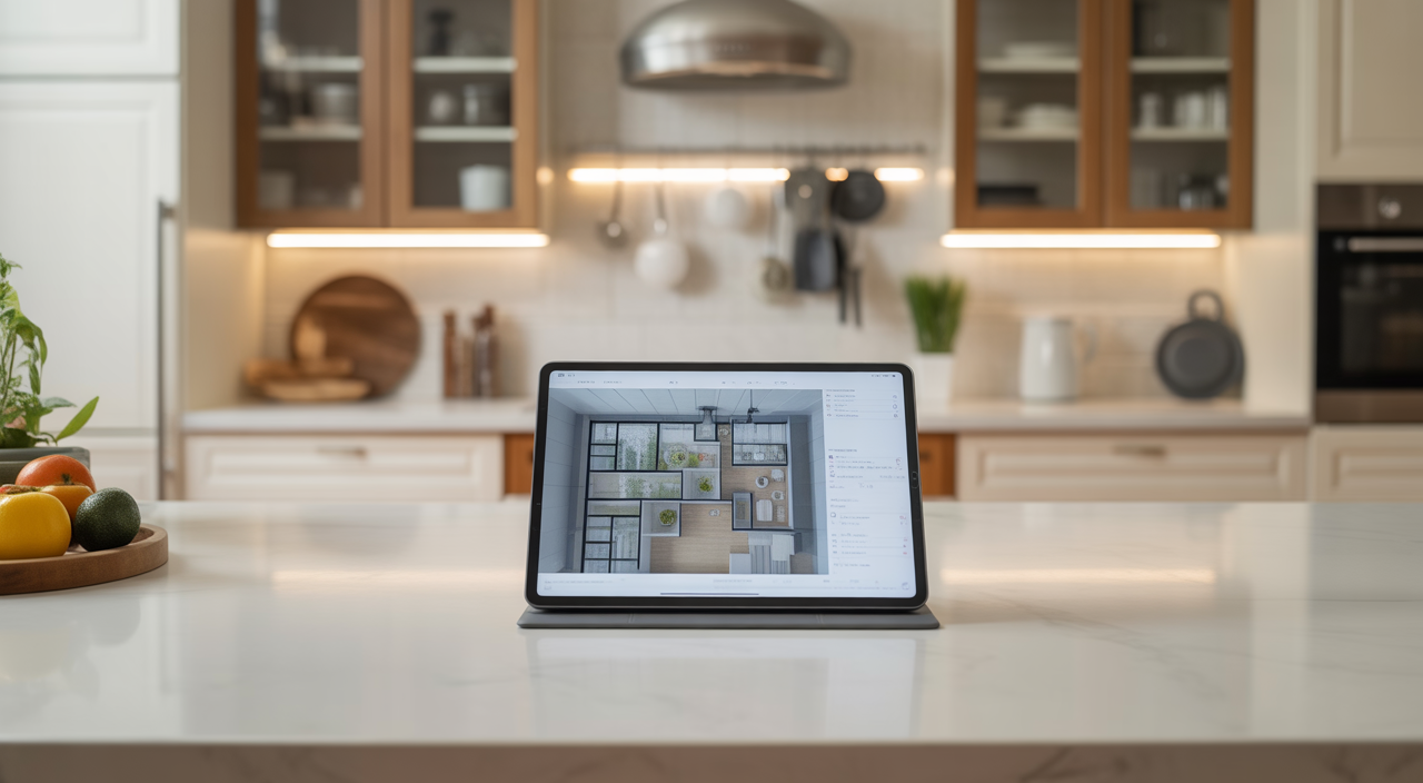 Modern kitchen design with a digital tablet displaying 3D rendering, representing kitchen renovation planning.