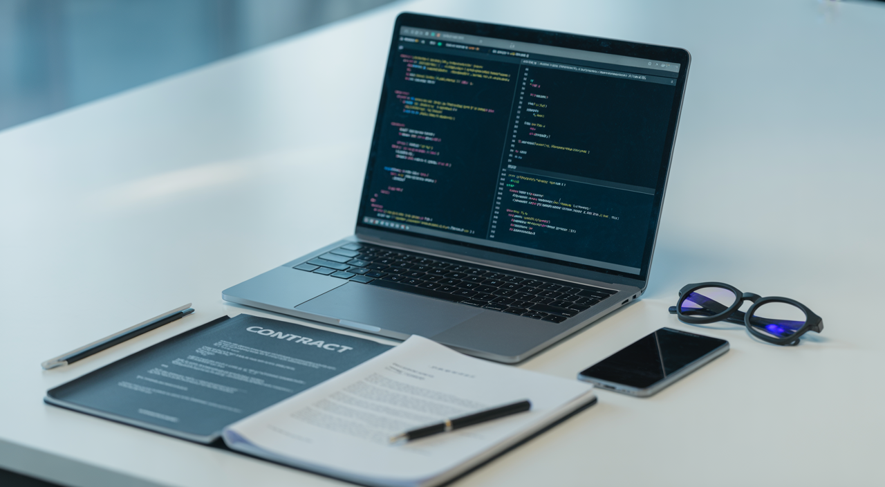 Hero image of a modern digital workspace featuring laptop with code and contract documents representing SaaS agreements and legal consultation