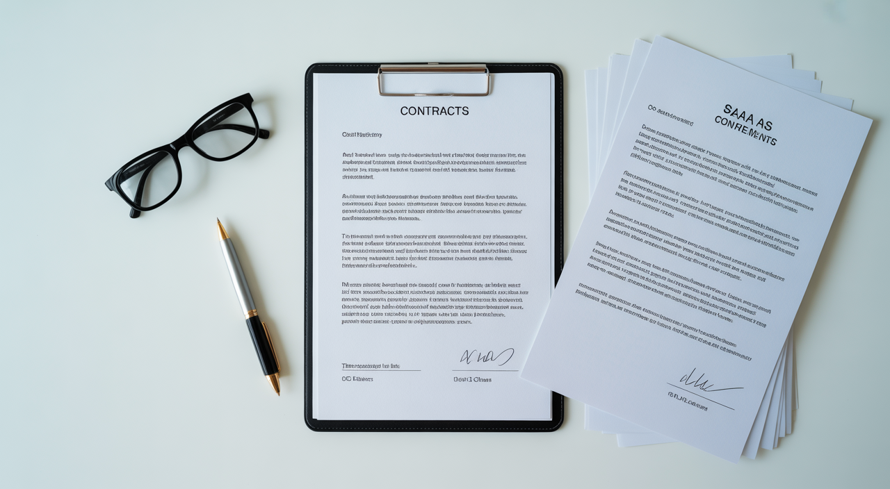 SaaS agreements lawyer reviewing software contract terms with a startup founder