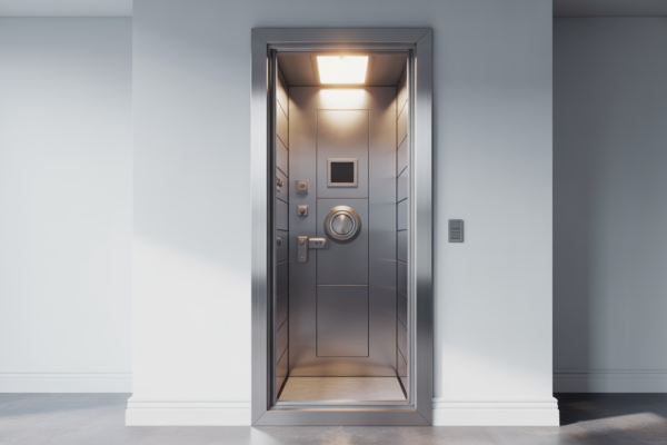 High-quality secure safe room door in a modern home setting, showcasing strong armored steel construction