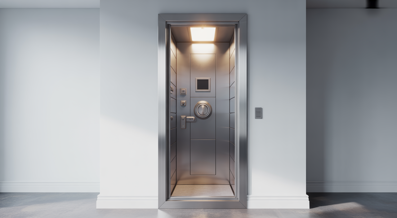 High-quality secure safe room door in a modern home setting, showcasing strong armored steel construction