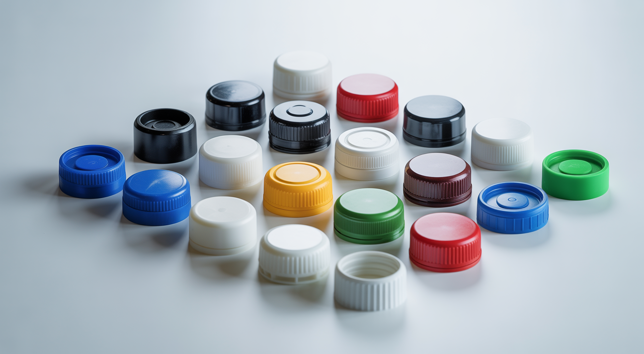 High quality professional photograph of various types of plastic bottle caps on a clean white background