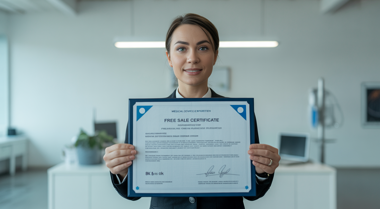 Photorealistic image of a medical device exporter confidently holding official regulatory documents in a modern office environment