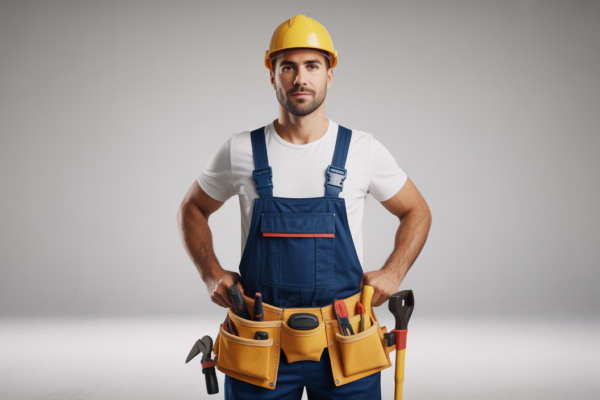 Professional handyman with tools in a clean white background representing trusted home repair services
