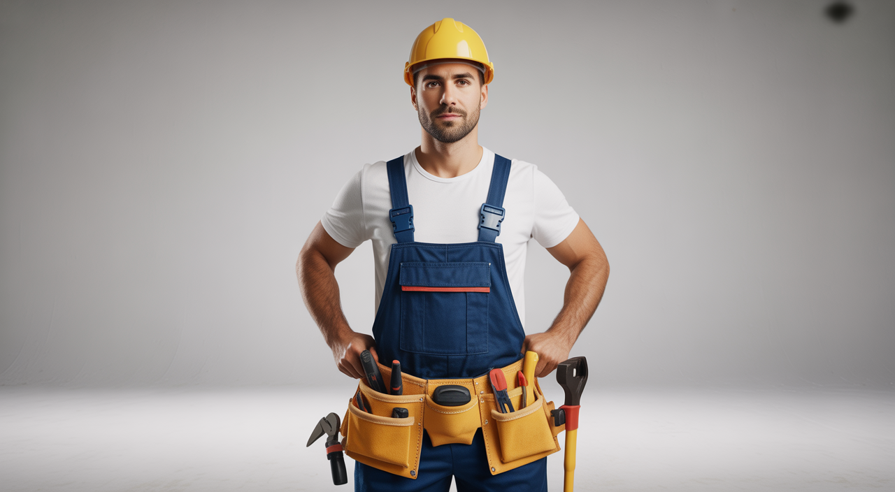 Professional handyman with tools in a clean white background representing trusted home repair services
