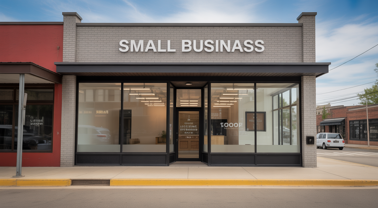 High-quality hero image of a modern small business storefront in Kansas with neutral background