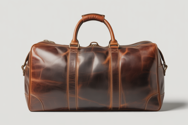 Close-up professional photograph of a vintage brown leather duffle bag with detailed aged patina and texture on a clean white background
