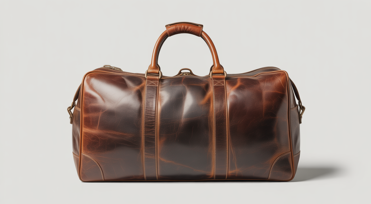 Close-up professional photograph of a vintage brown leather duffle bag with detailed aged patina and texture on a clean white background