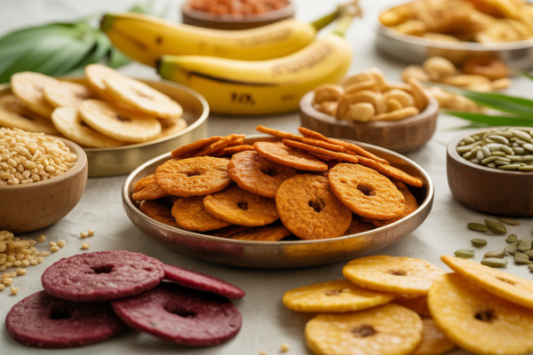 Assorted organic Indian snacks like banana chips, millet bhuja, and seed mixes on a white background