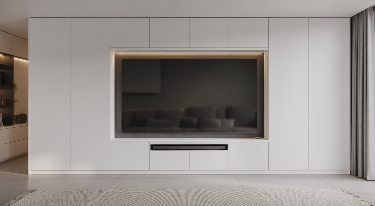 Modern custom media wall with integrated TV, storage cabinets, and LED lighting in a minimalist setting