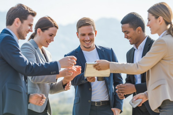 Outdoor corporate team-building activity with employees collaborating during a treasure hunt