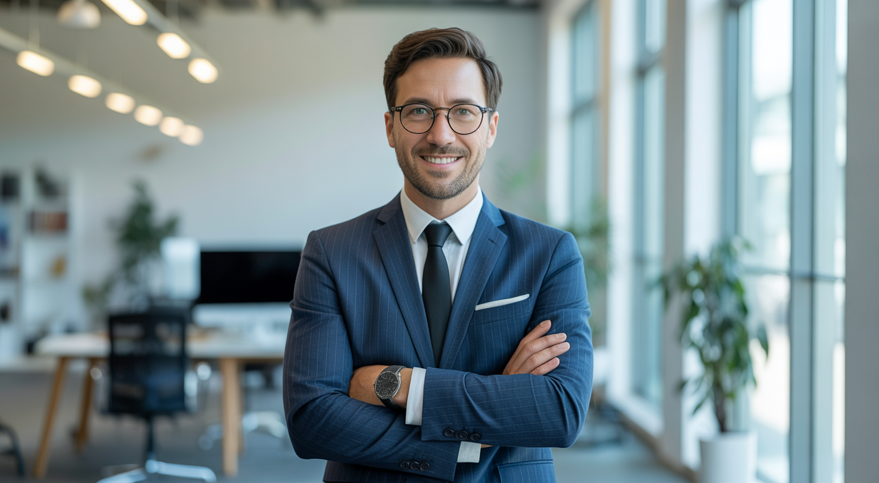 Photorealistic image of a confident SaaS agreement attorney in a modern professional office environment