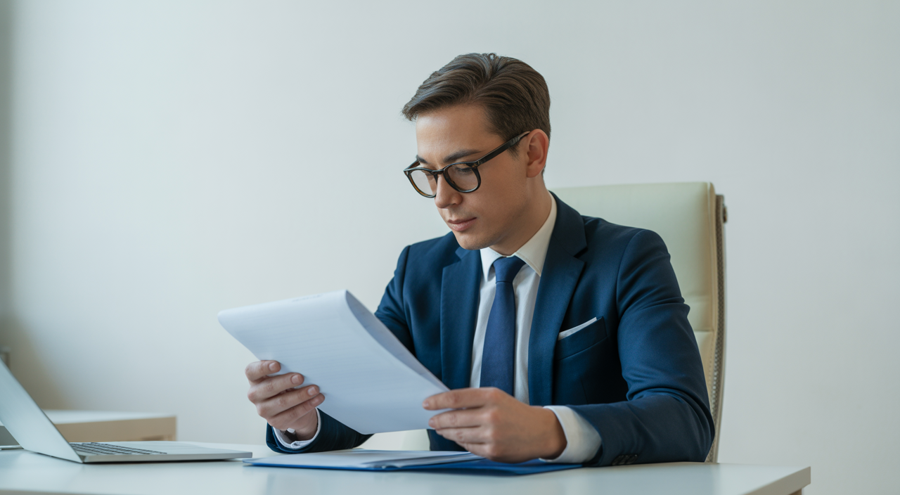 Photorealistic image of a professional businessperson assessing trade documents representing AEO registration