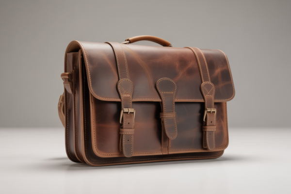 High-quality photorealistic image of a vintage brown leather messenger bag with natural wear on a white background